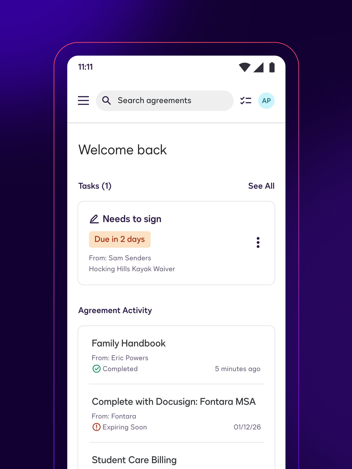 Docusign mobile app home screen showing Welcome back, Tasks, and Agreement Activity sections