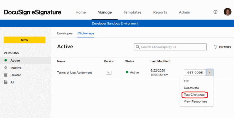 Selecting the Clickwrap Tester in the DocuSign Manage UI
