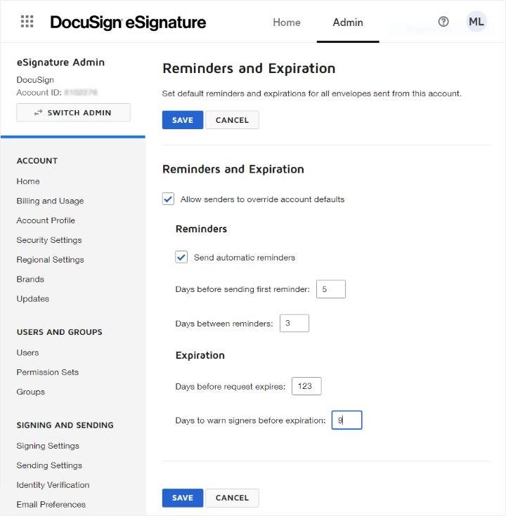 Reminders and Expiration on the DocuSign web app
