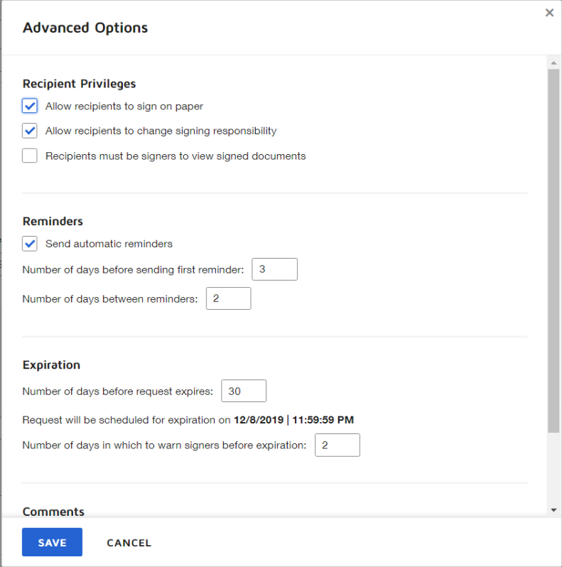 Envelope's advanced options on the DocuSign web app