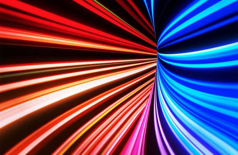 Colorful light trail tunnel with vanishing point