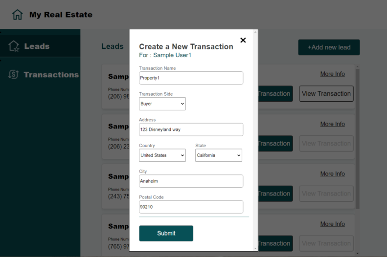 MyRealEstate sample app: Create a new transaction