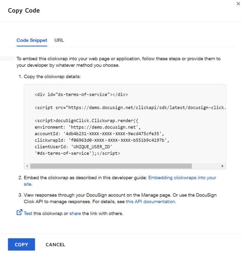 Personalized DocuSign Click code snippet