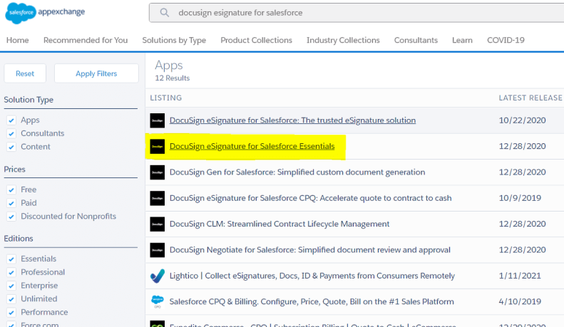 Finding DocuSign eSignature for Salesforce Essentials on the Salesforce AppExchange
