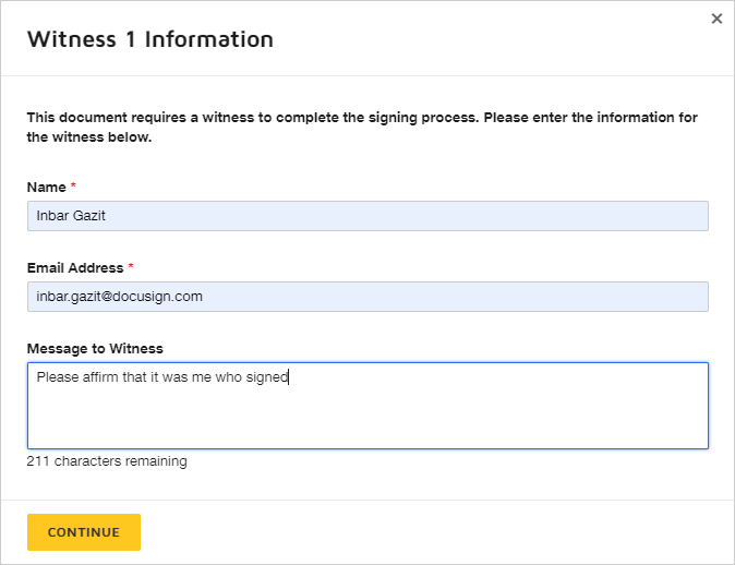 Popup: filling in witness information