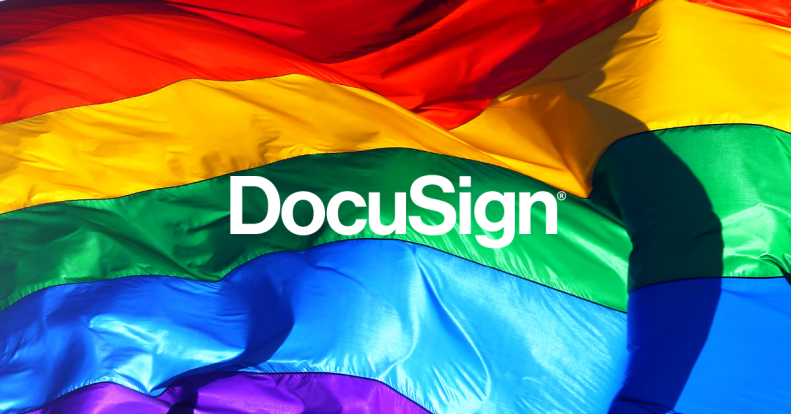DocuSign logo in front of Pride flag