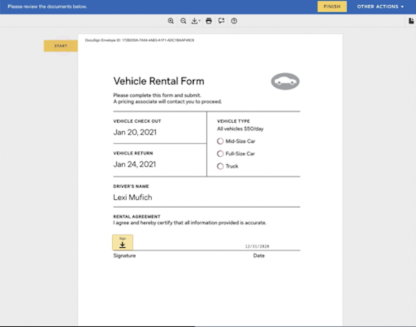 Vehicle rental form image 