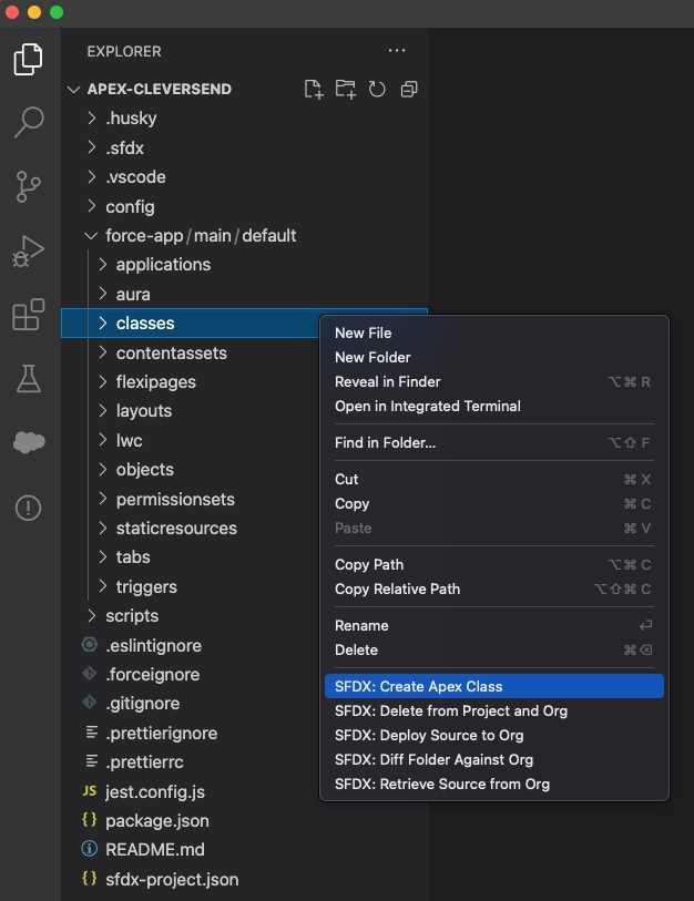 Creating an Apex class in VS Code