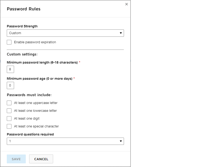Password rules dialog box