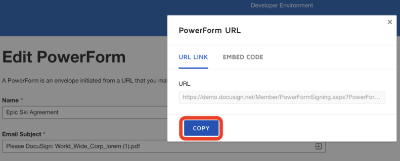 Copying the PowerForm URL