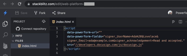 The PowerForm DocuSign.js code on StackBlitz