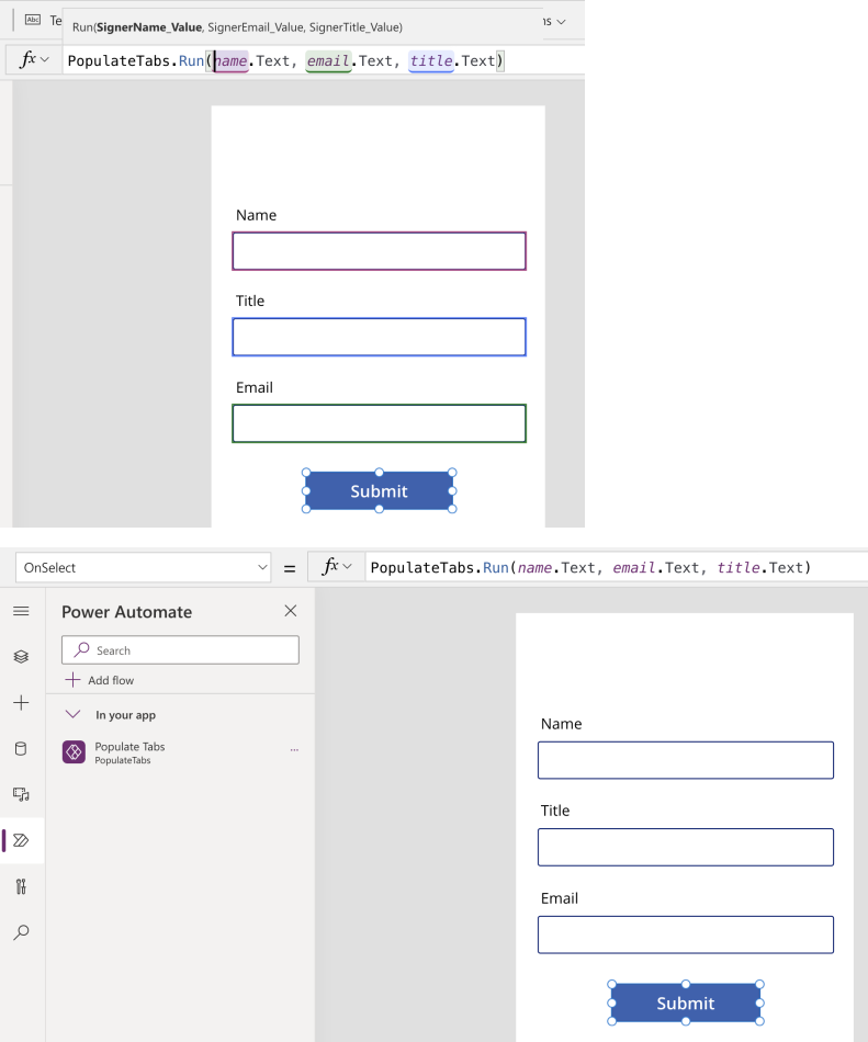 Power Automate: Connecting the Submit button to the DocuSign flow