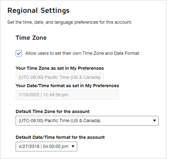 Regional settings as set by the account administrator