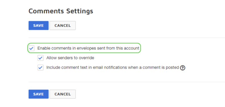 Screenshot of how to enable comments in DocuSign