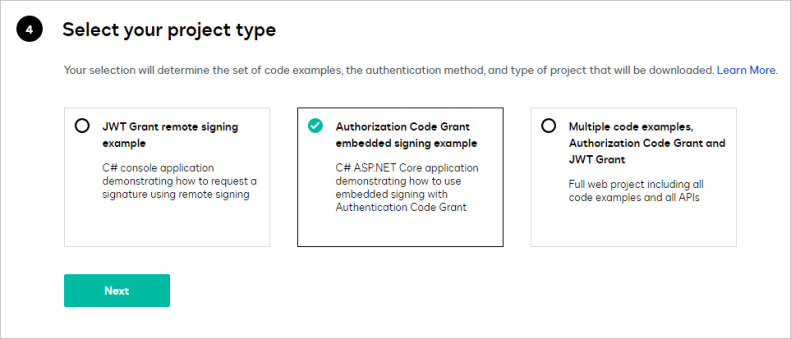 Selecting the new Auth Code Grant Quickstart signing example