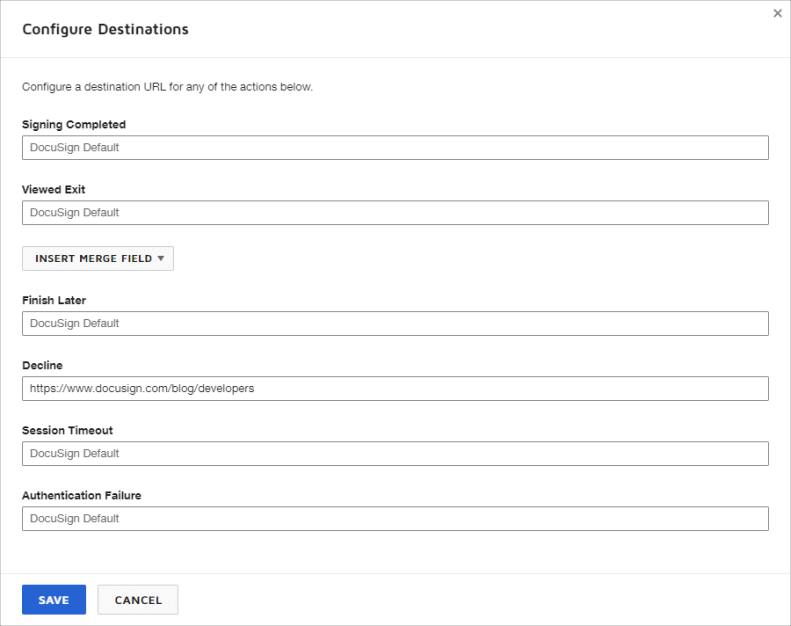 Customization options for outcome URLs in eSignature Settings