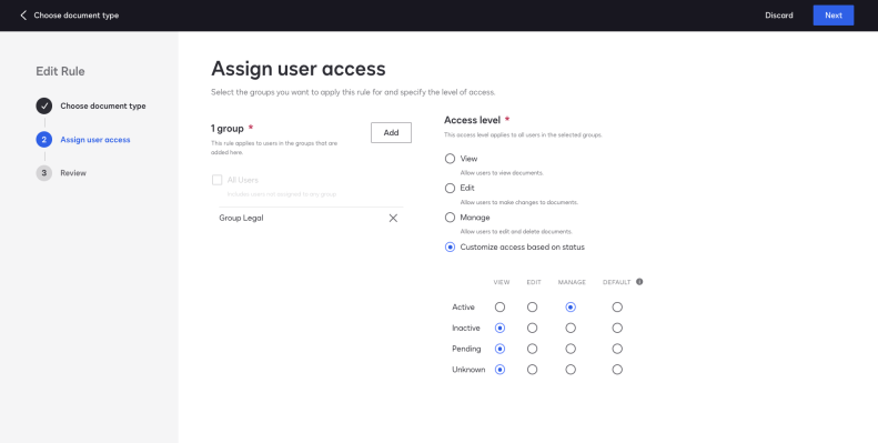 Screenshot of user access control in CLM Essentials