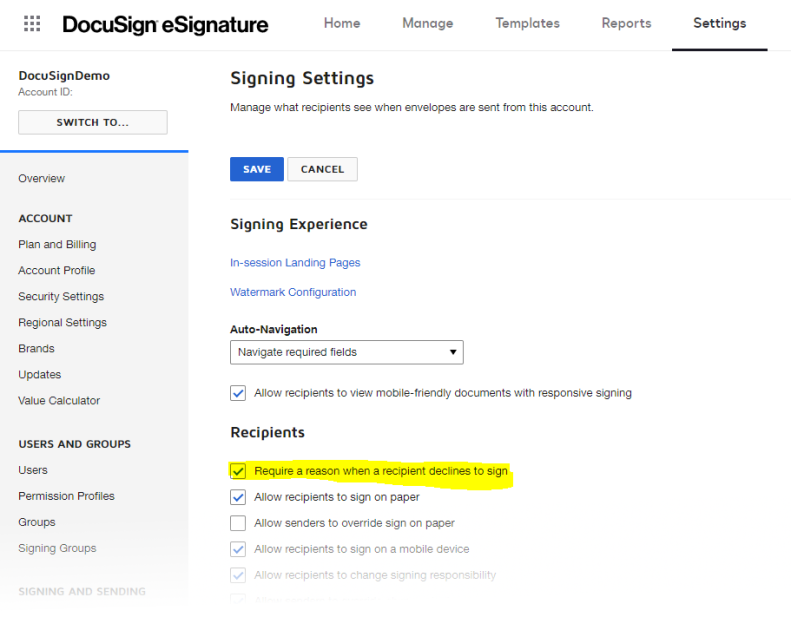 Requiring signers to provide a reason: setting in the DocuSign UI