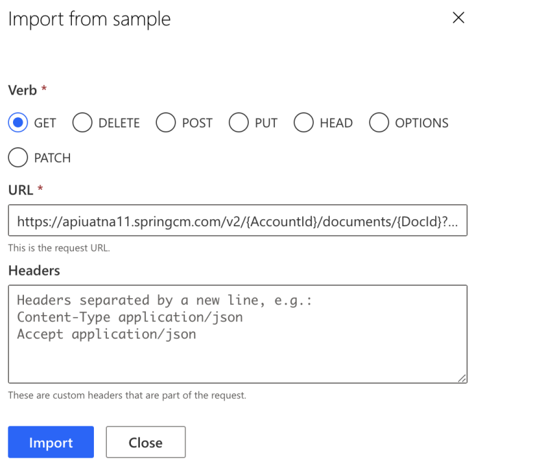 Create a request with Import from Sample