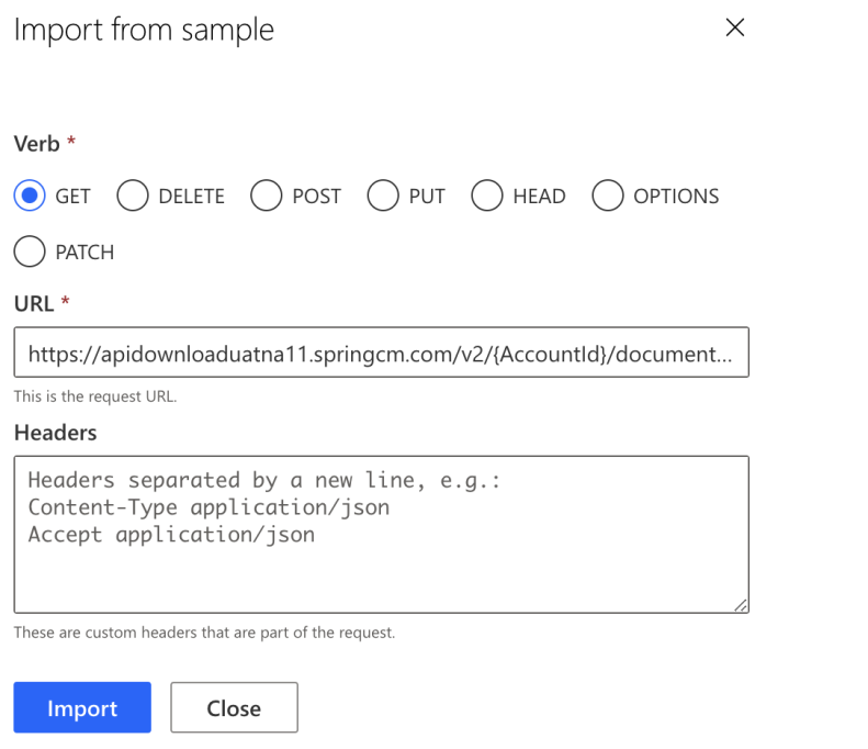 Select + Import from sample to create a request