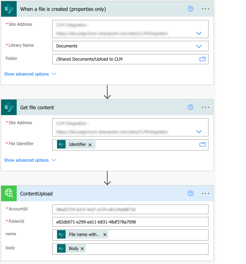 Completed flow for uploading SharePoint doc to CLM