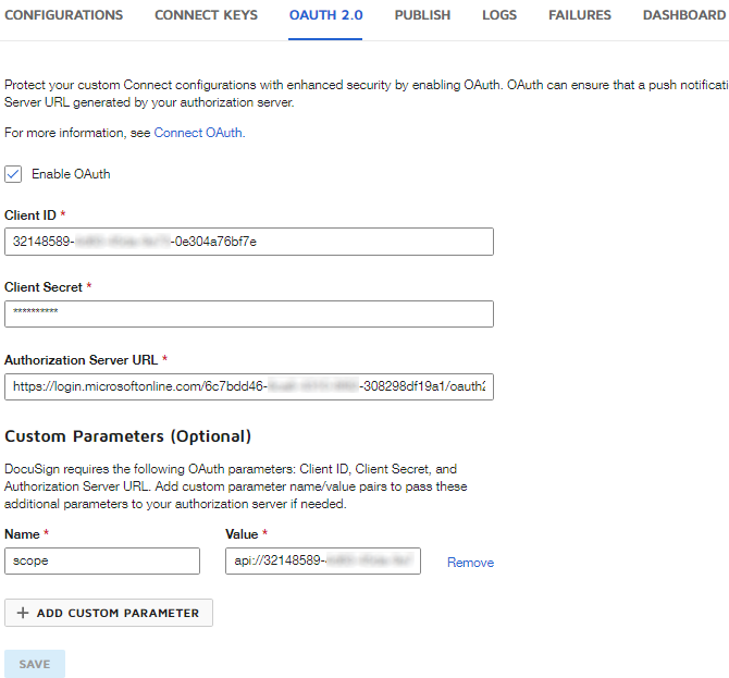 Transcribe OAuth settings from Azure to DocuSign