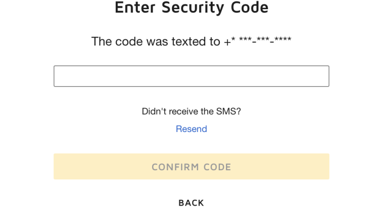 The screen prompting the user to enter the code that was sent to their phone number via SMS
