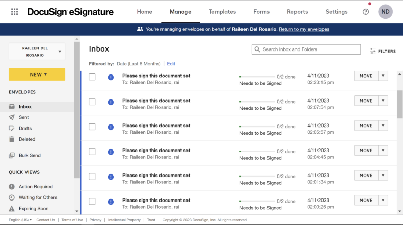 Shared envelopes appearing in the user's DocuSign inbox