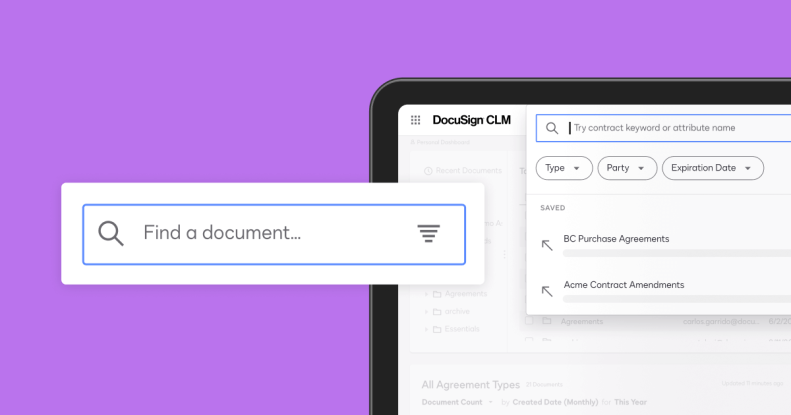 Screenshots of the modernized search experience in DocuSign CLM