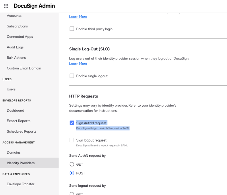 Setting the Sign AuthN request flag in DocuSign Admin