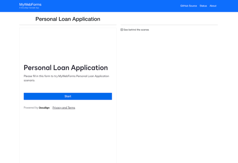 MyWebForms: The Personal Loan Application opens with the web form's title page embedded.