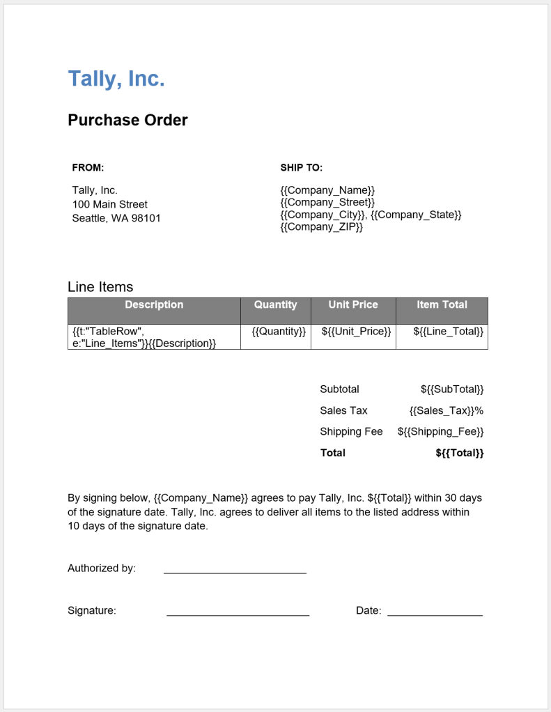 Purchase order template DOCX file