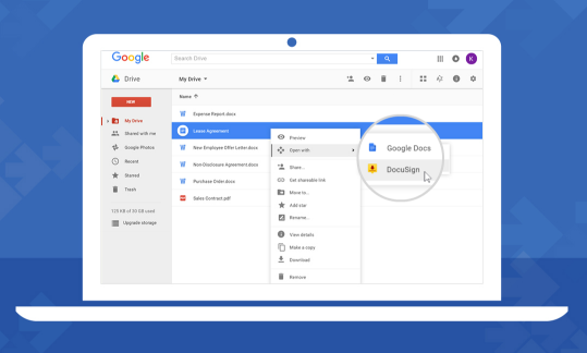 DocuSign menu in Google Drive