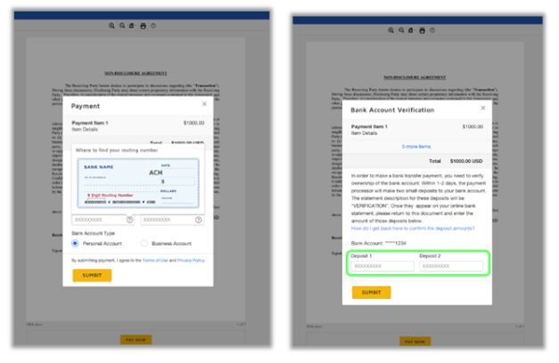 ACH payment and bank account authorization forms in DocuSign