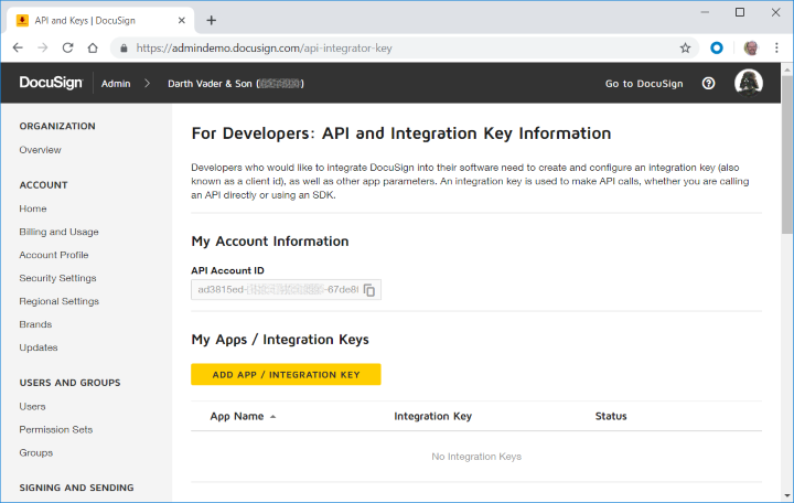 New API and Keys page, before creating an integration key