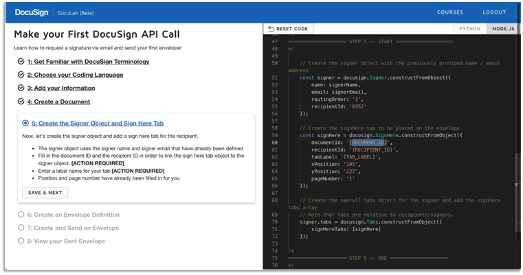 Screenshot of DocuSign Dev Lab including the split-screen developer experience.