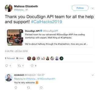 Featured tweet: appreciation from a hackathon attendee