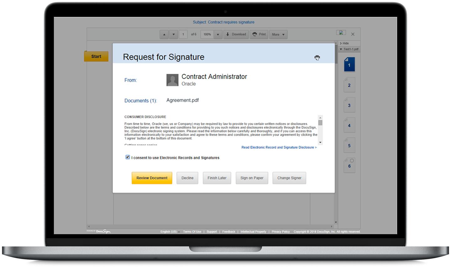 A laptop showing a "Request for Signature" pop up with the sender as Oracle.