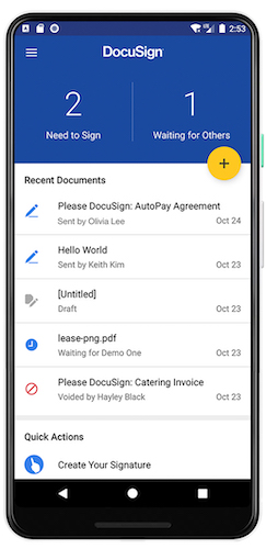 Screenshot of DocuSign’s mobile app for Android.