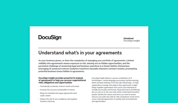Image of DocuSign Insight datasheet for contract analytics and contract management.
