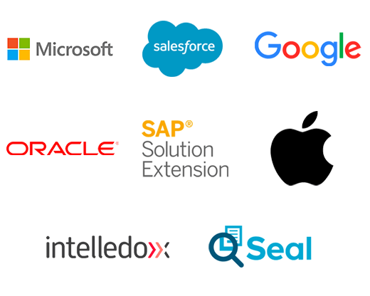 Logos for Microsoft, Salesforce, Google, Oracle, SAP Solution Extension, Apple, Intelledox and Seal Software.