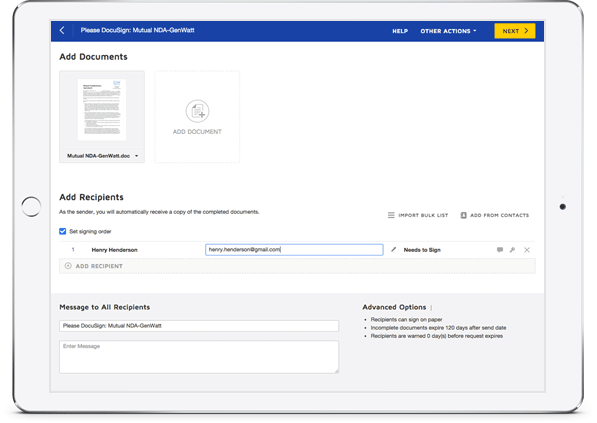 DocuSign document completion experience