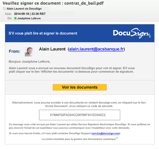 Signature d’un document reçu par email via la plateforme DocuSign