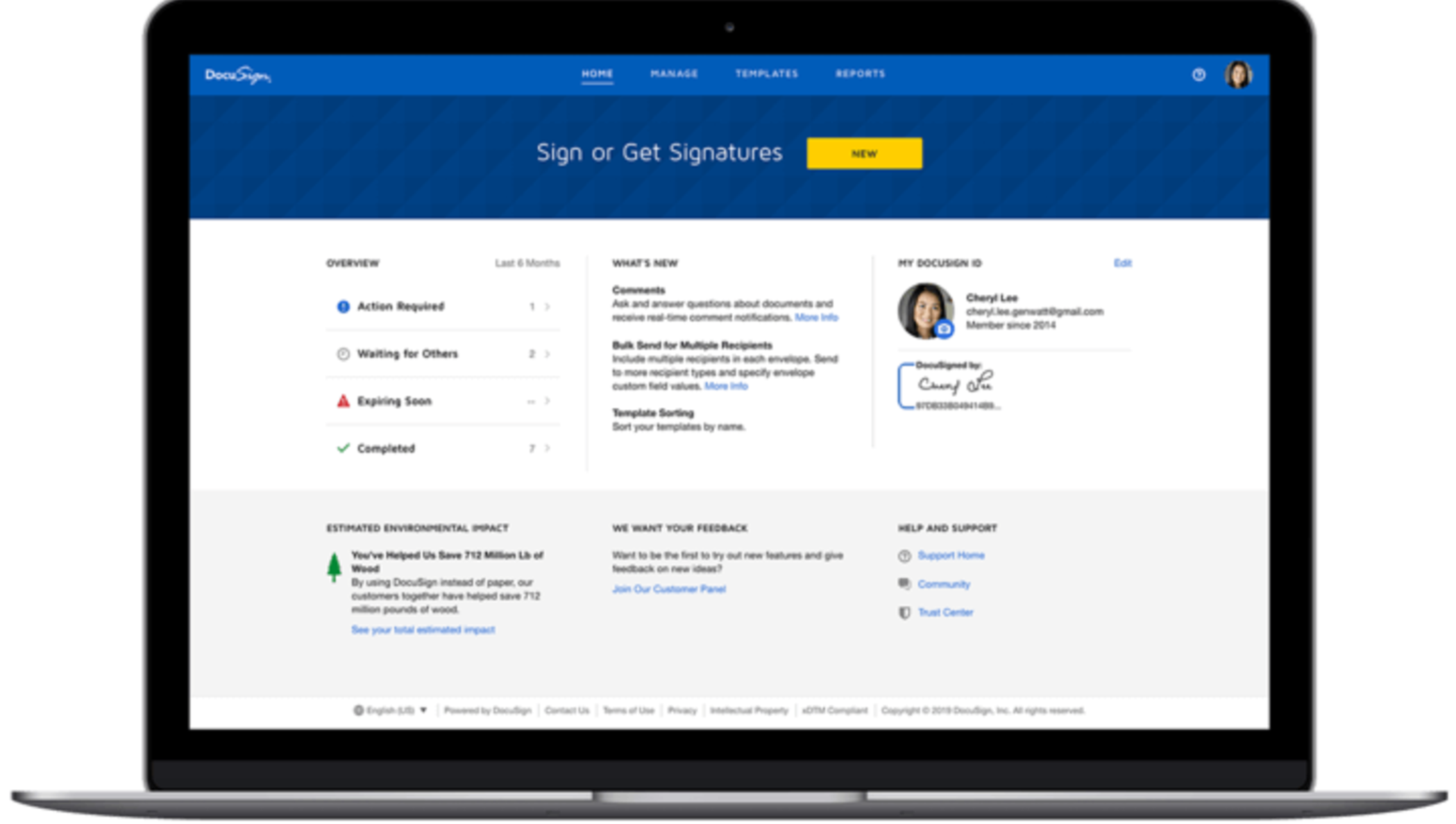 A laptop with a user logged into DocuSign's eSignature product.